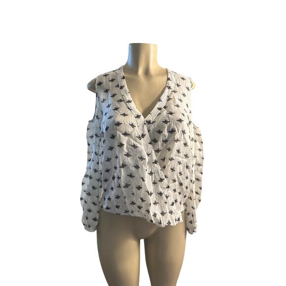 Women US-4 Topshop Cream Bee Print Blouse Shirt Top Faux Wrap Cold Shoulder - Picture 2 of 6